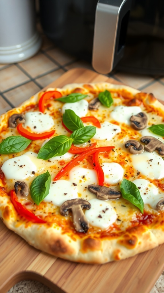 A healthy air fryer pizza with mozzarella, bell peppers, and mushrooms, garnished with basil on a wooden board.